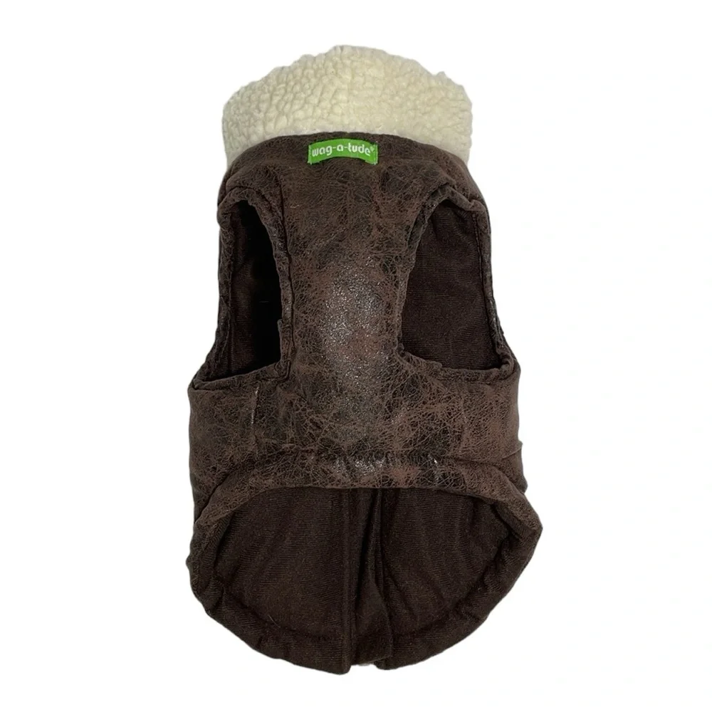 Wag-a-Tude brown faux leather‎ bomber dog jacket with Sherpa trim. Size Small.